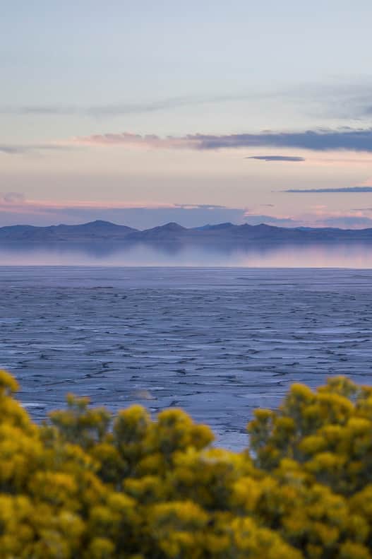 The salt flats are a special sight at sunset.