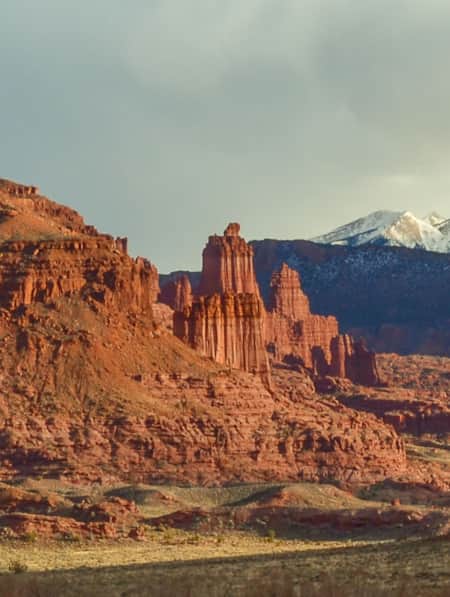 A view of the Fisher Towers red rock formation in Moab, Utah.