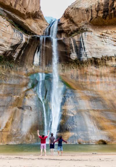 Cool off in the spray of a 126-foot waterfall in the desert: Lower Calf Creek Falls in a premier 6-mile, round-trip hike in the Grand Staircase–Escalante National Monument.
