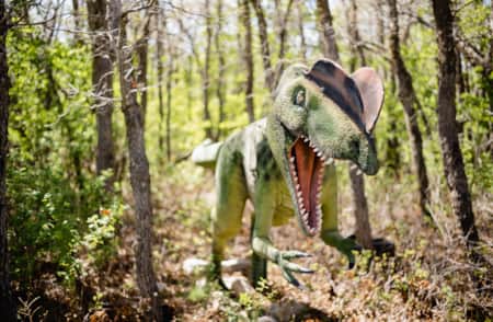 A fake dinosaur wearing a cowboy hat in a forest.