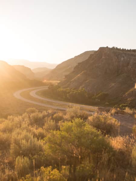 A road winding through grassy hills, bathed in amber light from the sunlight.