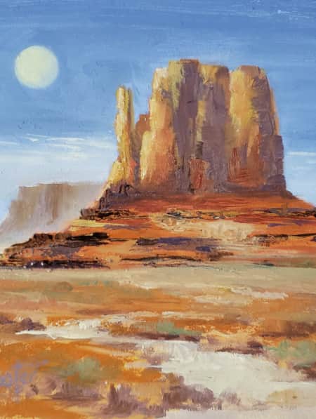 An oil painting depicting a red rock monument against a blue sky, with a small stream flowing through the landscape.