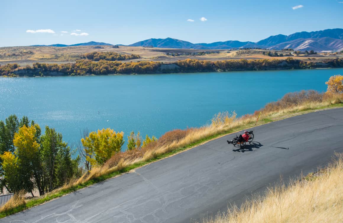 Bob Wassom adaptive cycling around Hyrum Reservoir.