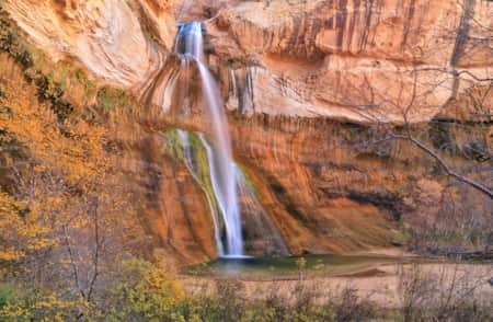 Calf-creek falls cascading down mossy red rock walls with fall foliage in the foreground.