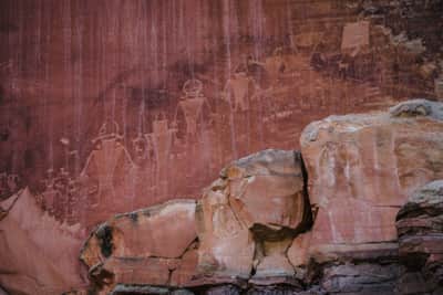 Fremont and Ancestral Puebloan people lived near what is now designated as Capitol Reef National Park between 600-1300 A.D. Their markings tell what appears to be their the stories, hunting patterns, crop cycles and mythologies of their lives.