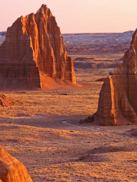 A desert landscape featuring red rock cathedrals.