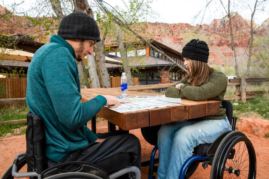The Zion National Park Visitor Center is fully accessible, featuring accessible parking, restrooms with grab bars, a lowered information desk, tactile exhibits and audiovisual materials with captions to ensure an inclusive experience for all visitors.