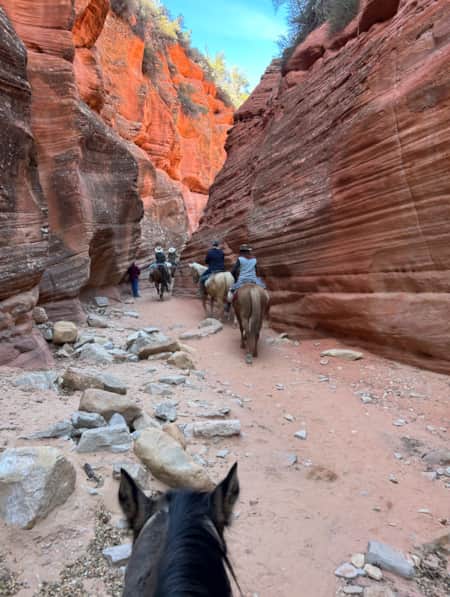 A group of people horseback riding along a slot canyon on a clear blue sky day.